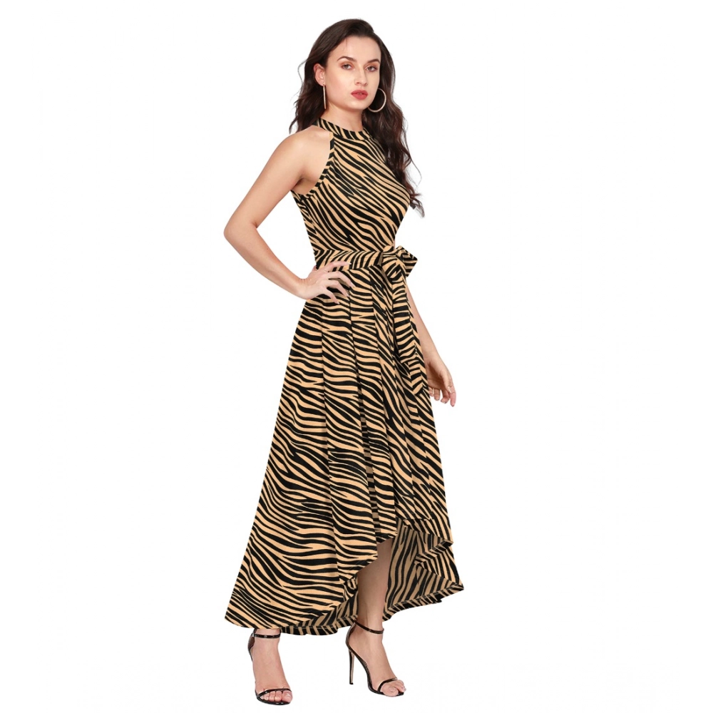 Polyester Zebra Pattern Halter Neck Sleeveless Dress (Yellow) - Image 5
