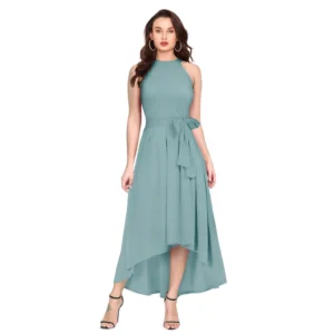 Polyester Solid Halter Neck Sleeveless Dress (Pista)