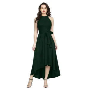 Polyster Solid Halter Neck Sleeveless Dress (Green)
