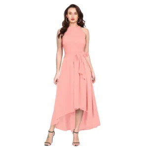 Polyster Solid Halter Neck Sleeveless Dress (Peach)