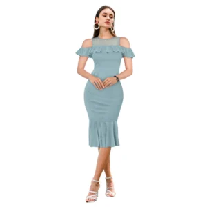 Knitting stretchable Solid Round Neck Sleeveless Dress (Pista )