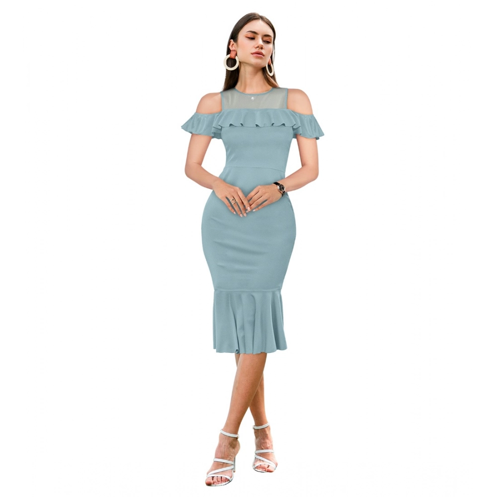 Knitting stretchable Solid Round Neck Sleeveless Dress (Pista )