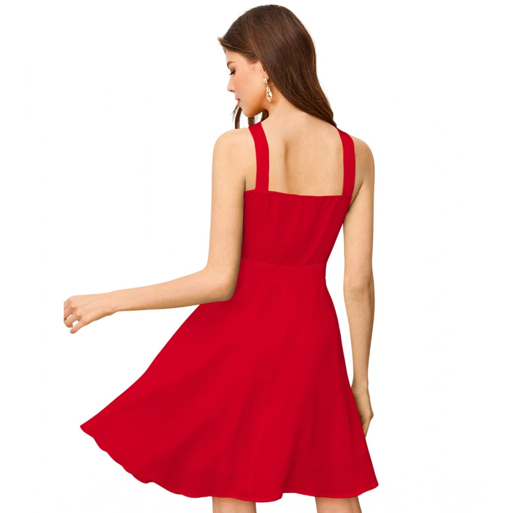 Knitting stretchable Solid Halter Neck Sleeveless Dress (Red ) - Image 5