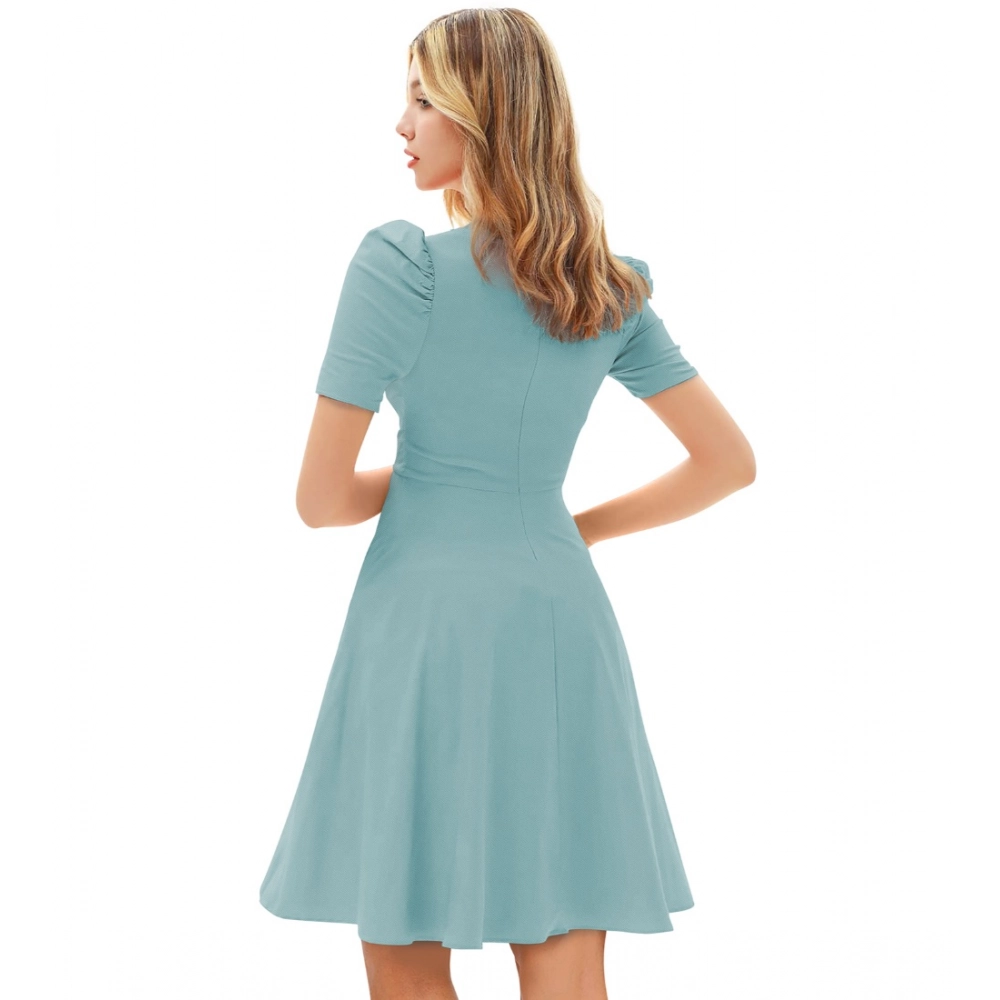 Knitting stretchable Solid V Neck Cap Sleeve Dress (Pista) - Image 5