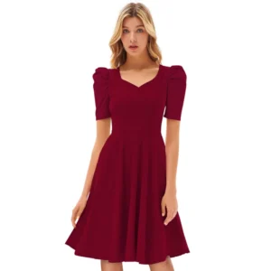 Knitting stretchable Solid V Neck Cap Sleeve Dress (Maroon)