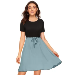 Knitting stretchable Solid Round Neck Cap Sleeve Dress (Pista)