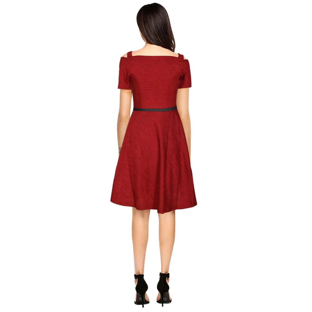 Polyester Solid V Neck Cap Sleeve Dress (Maroon) - Image 5