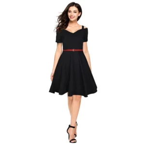 Polyester Solid V Neck Cap Sleeve Dress (Black)