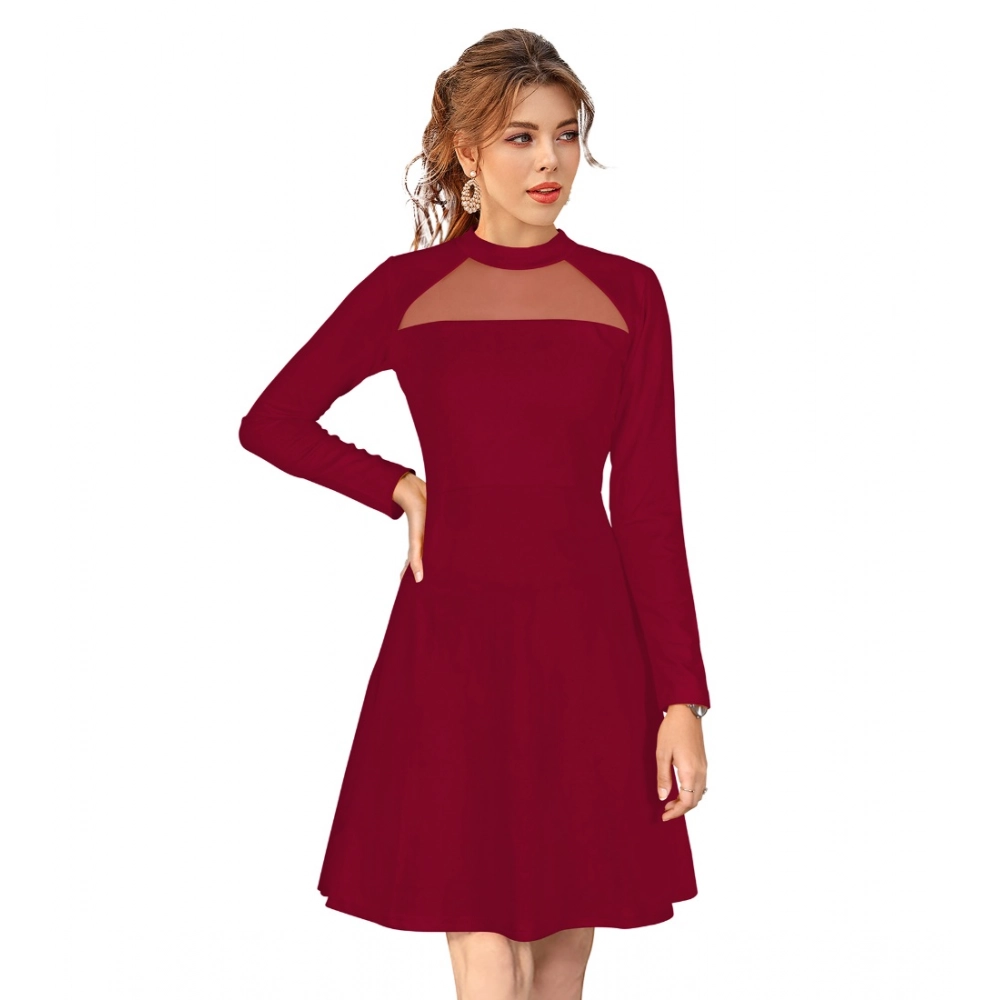 Knitting stretchable Solid Round Neck Full Sleeve Dress (Maroon)