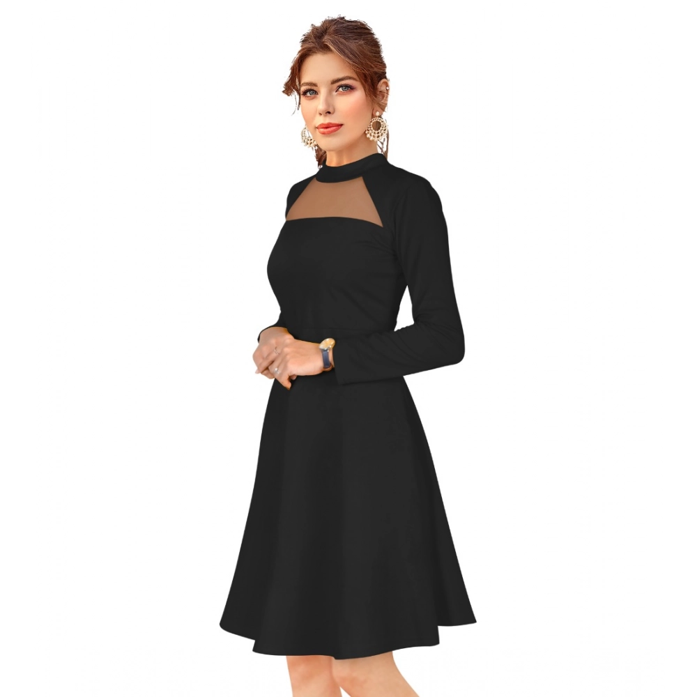 Knitting stretchable Solid Round Neck Full Sleeve Dress (Black) - Image 2