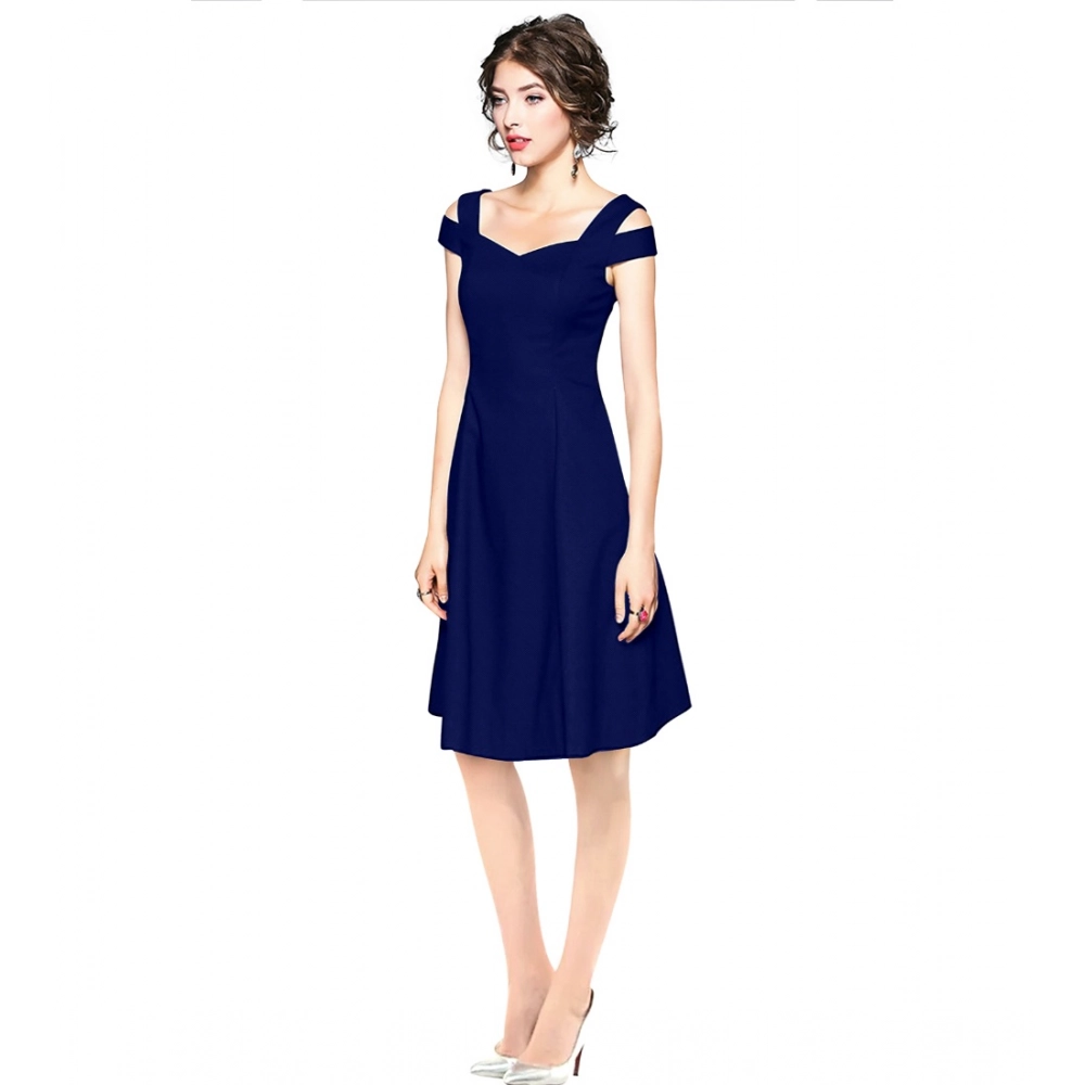 Polyester Solid V Neck Cap Sleeve off Shoulder Dress (Blue) - Image 2