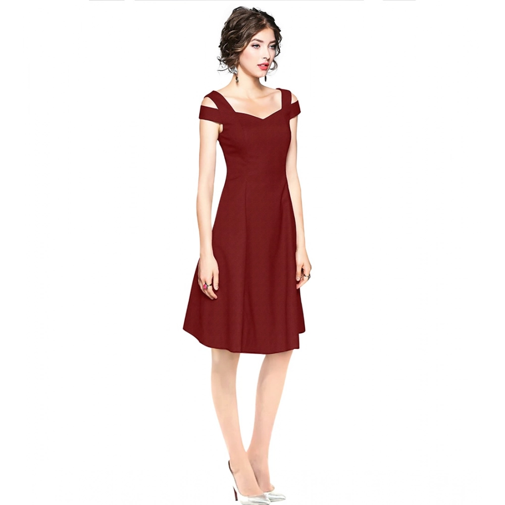 Polyester Solid V Neck Cap Sleeve off Shoulder Dress (Maroon) - Image 4