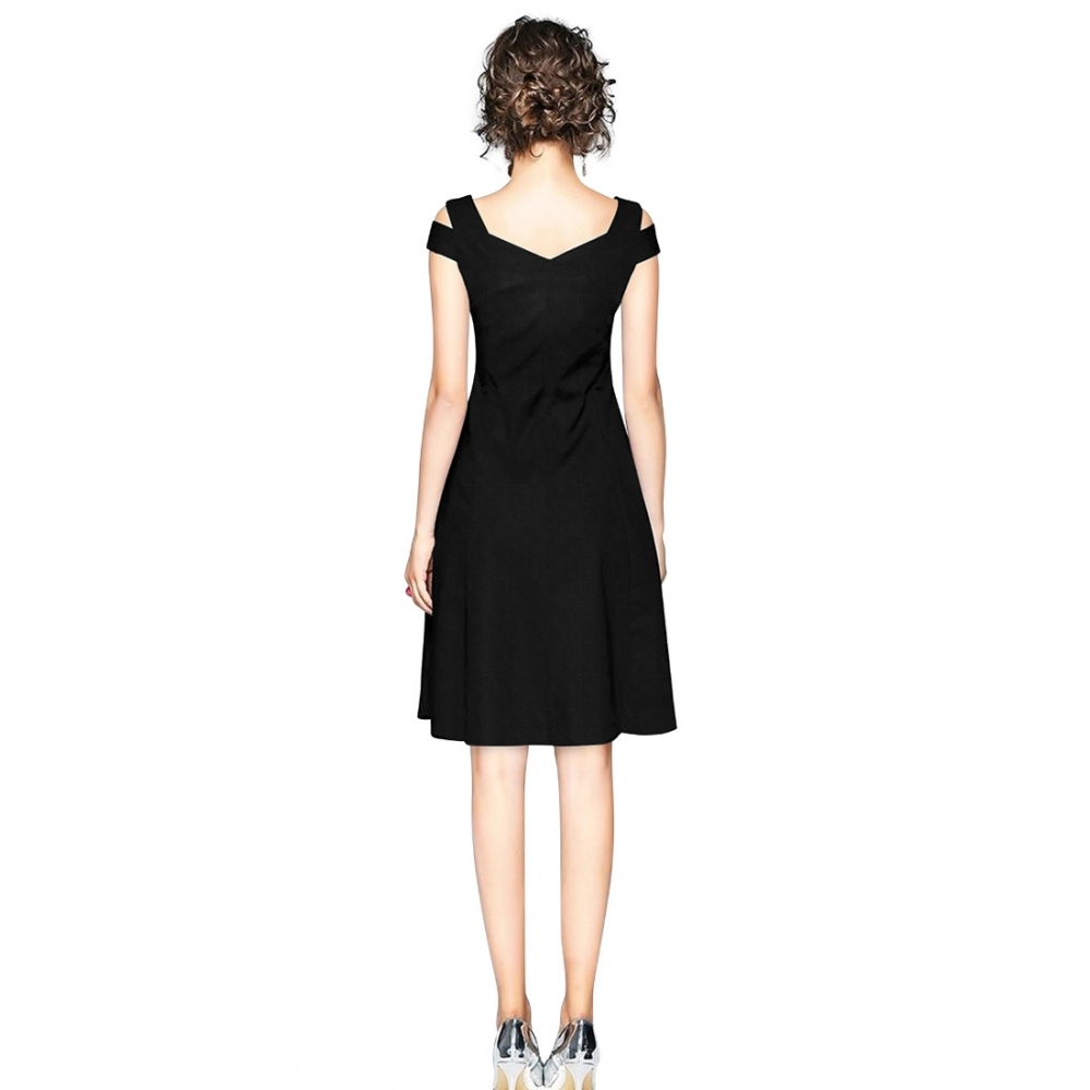 Polyester Solid V Neck Cap Sleeve off Shoulder Dress (Black) - Image 5