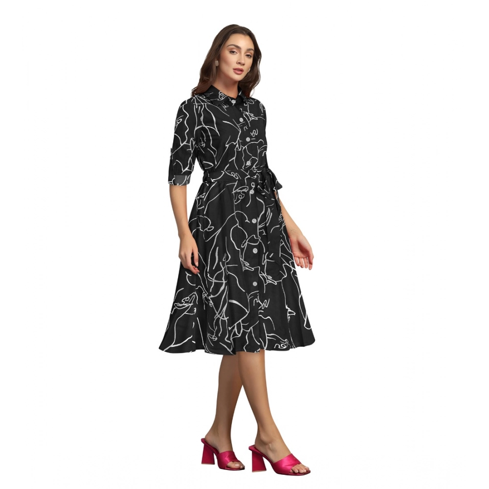 Ruby Cotton Printed Shirt Collar 3-4th Sleeve Dress (Black) - Image 4