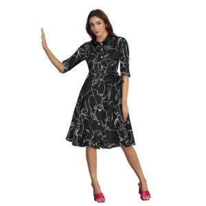 Ruby Cotton Printed Shirt Collar 3-4th Sleeve Dress (Black)