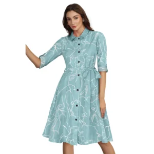 Ruby Cotton Printed Shirt Collar 3-4th Sleeve Dress (Pista)
