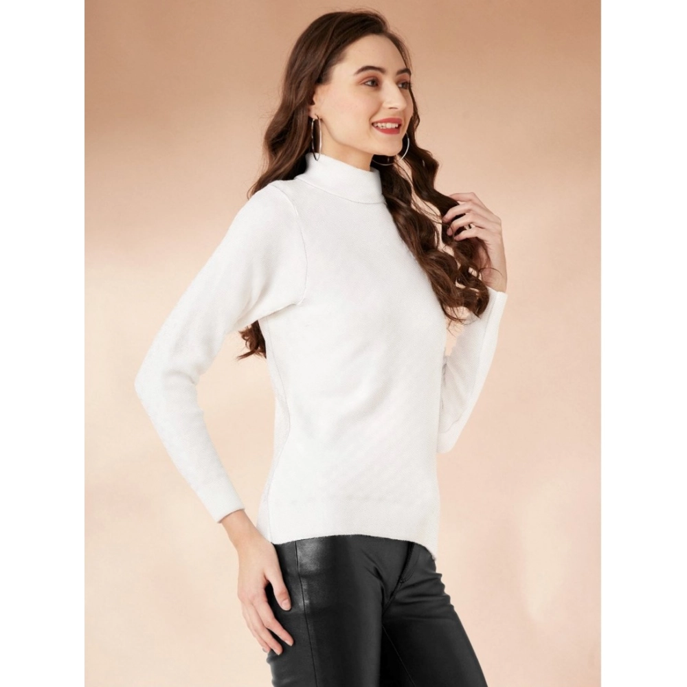 Polyester Solid High Neck Full Sleeve T-Shirt (White) - Image 2
