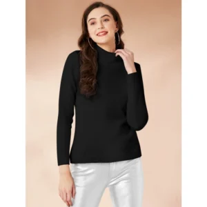Polyester Solid High Neck Full Sleeve T-Shirt (Black)
