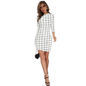 Polyester Solid High Neck Full Sleeve Dress (White)