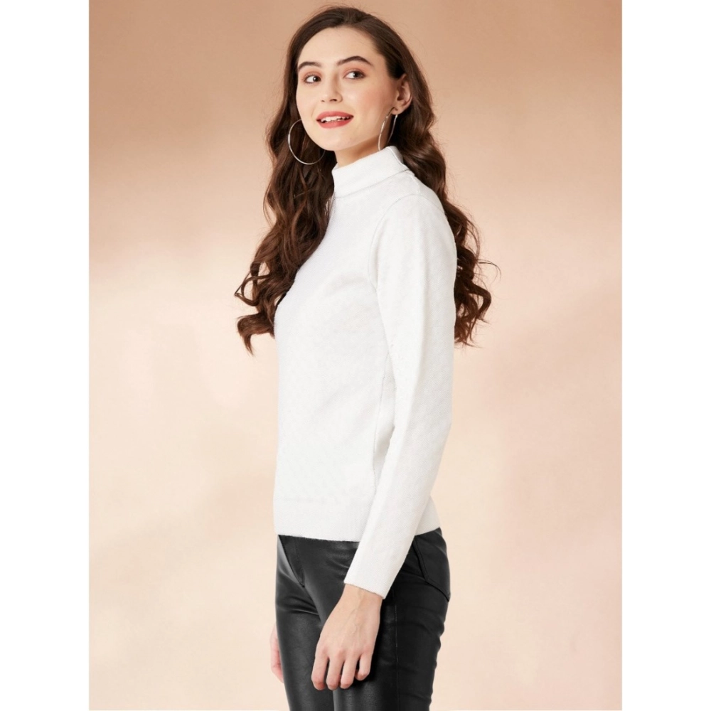Polyester Solid High Neck Full Sleeve T-Shirt (White) - Image 4