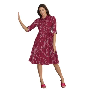 Ruby Cotton Printed Shirt Collar 3-4th Sleeve Dress (Maroon)