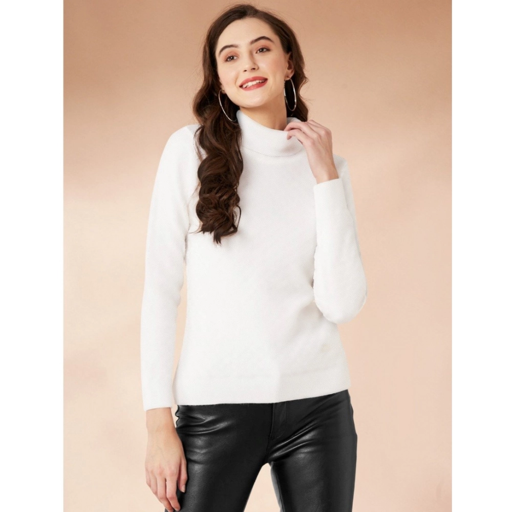 Polyester Solid High Neck Full Sleeve T-Shirt (White)