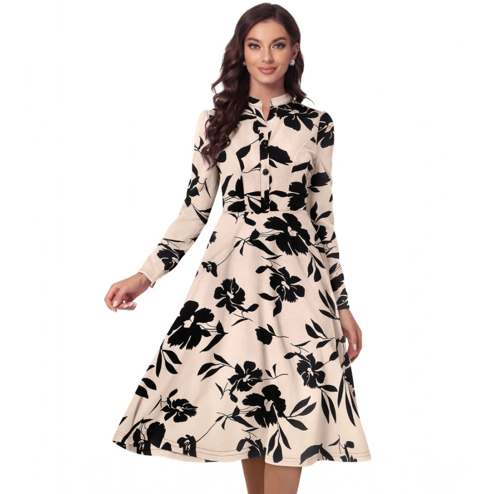 Knitting Printed V-Neck Full Sleeve Dress (Cream)