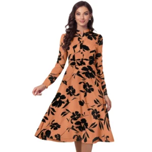 Knitting Printed V-Neck Full Sleeve Dress (Orange)