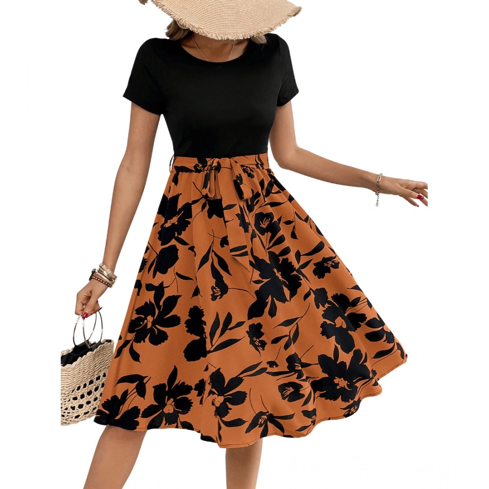 Knitting Printed Round Neck Short Sleeve Dress (Orange) - Image 3