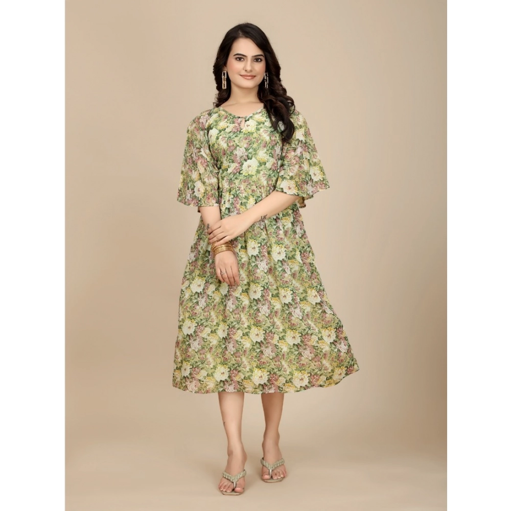 Georgette Printed Round Neck Short Sleeve Dress (Green)