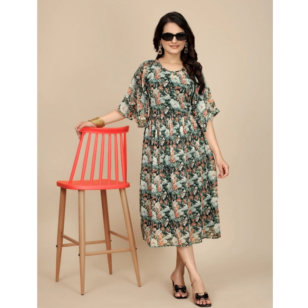 Georgette Printed Round Neck Short Sleeve Dress (Black) - Image 6