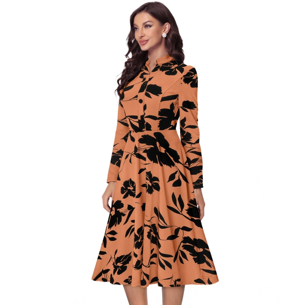 Knitting Printed V-Neck Full Sleeve Dress (Orange) - Image 5
