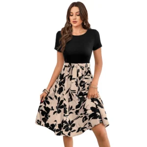 Knitting Printed Round Neck Short Sleeve Dress (Cream)