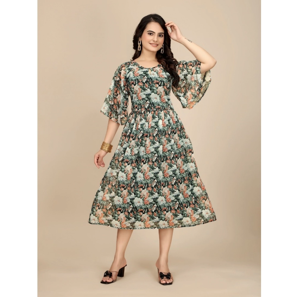 Georgette Printed Round Neck Short Sleeve Dress (Black) - Image 4