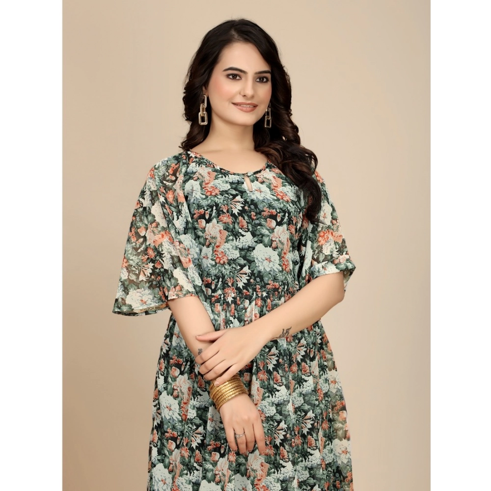 Georgette Printed Round Neck Short Sleeve Dress (Black)