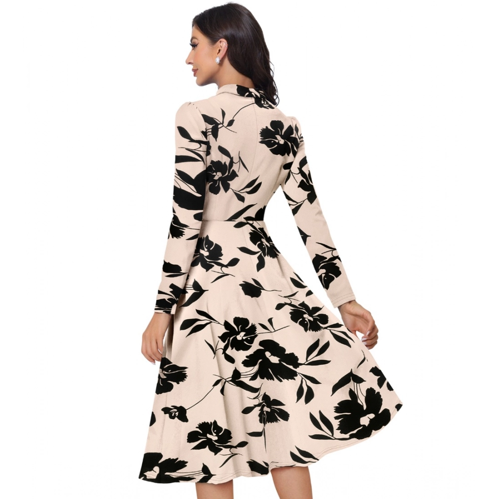 Knitting Printed V-Neck Full Sleeve Dress (Cream) - Image 4