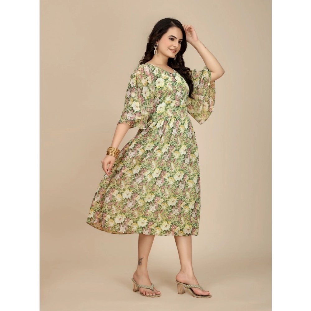 Georgette Printed Round Neck Short Sleeve Dress (Green) - Image 4