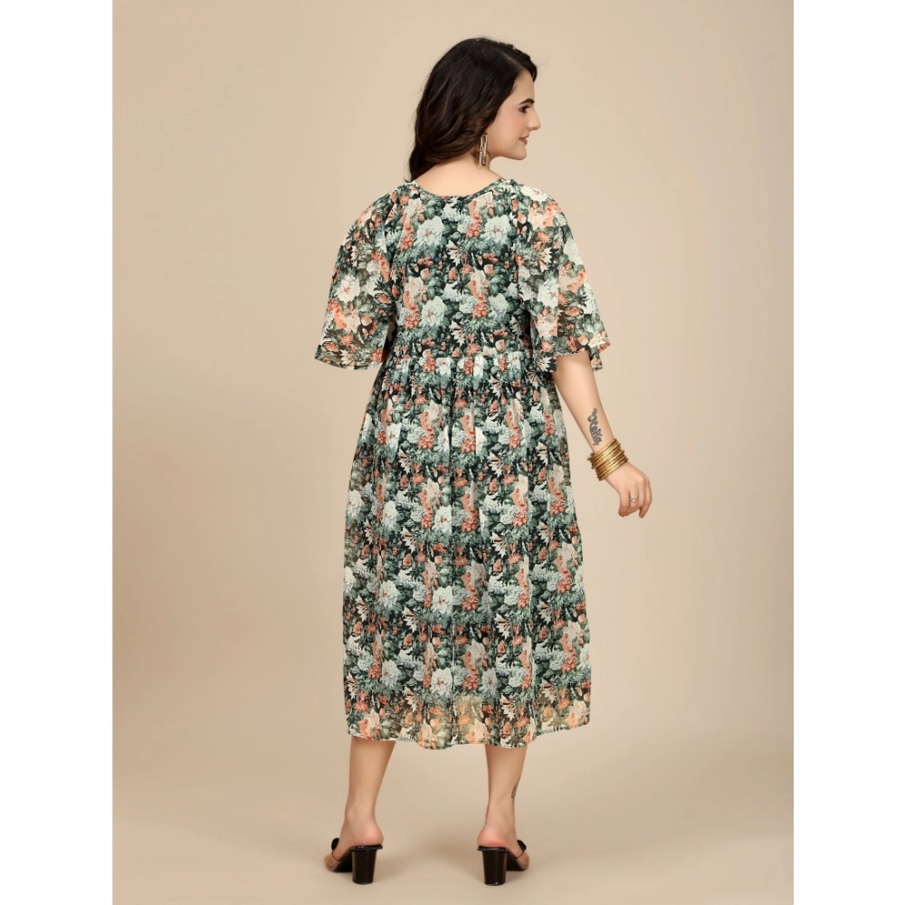 Georgette Printed Round Neck Short Sleeve Dress (Black) - Image 3