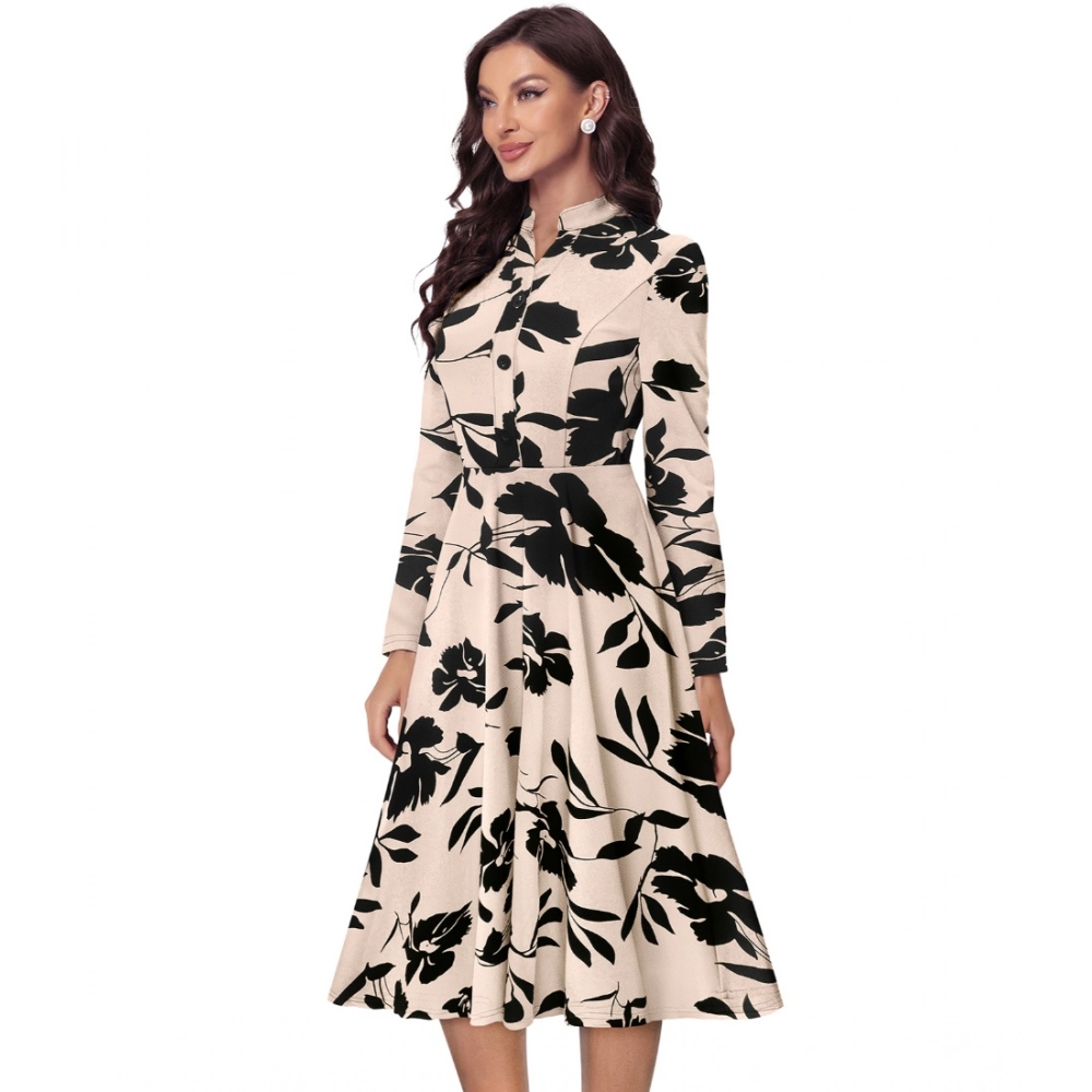 Knitting Printed V-Neck Full Sleeve Dress (Cream) - Image 5