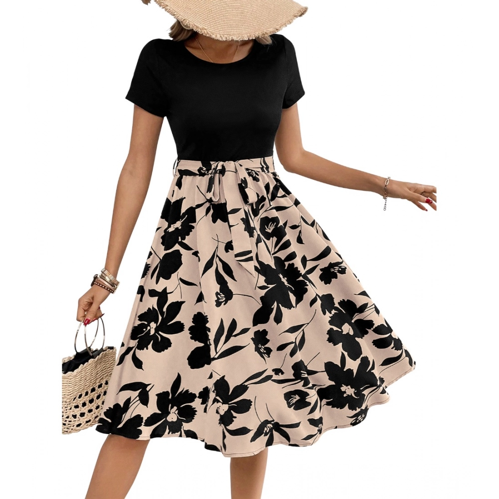 Knitting Printed Round Neck Short Sleeve Dress (Cream) - Image 3