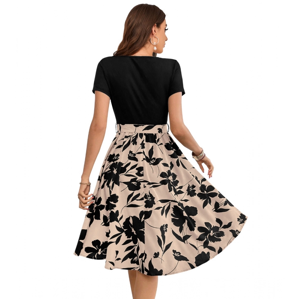 Knitting Printed Round Neck Short Sleeve Dress (Cream) - Image 5