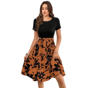 Knitting Printed Round Neck Short Sleeve Dress (Orange)
