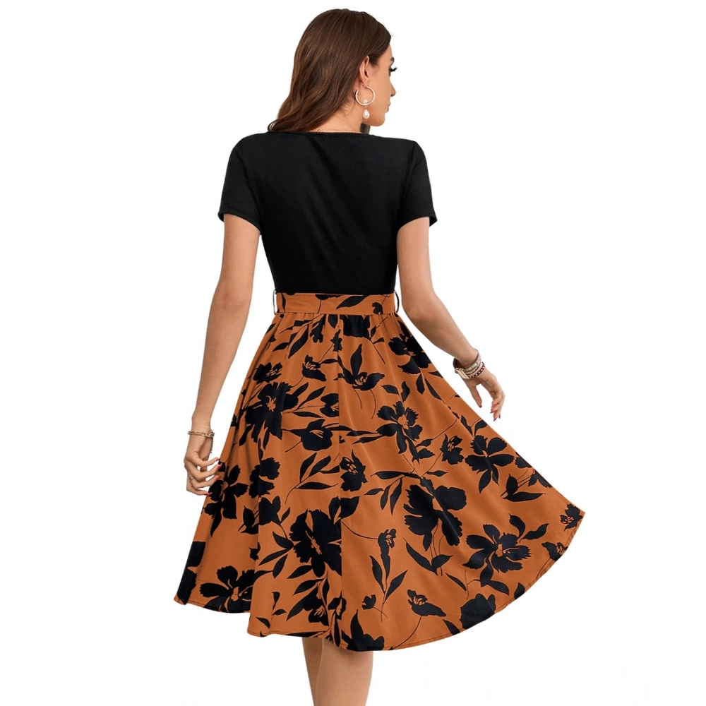 Knitting Printed Round Neck Short Sleeve Dress (Orange) - Image 4