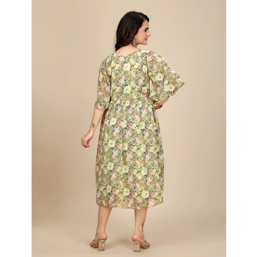 Georgette Printed Round Neck Short Sleeve Dress (Green) - Image 3
