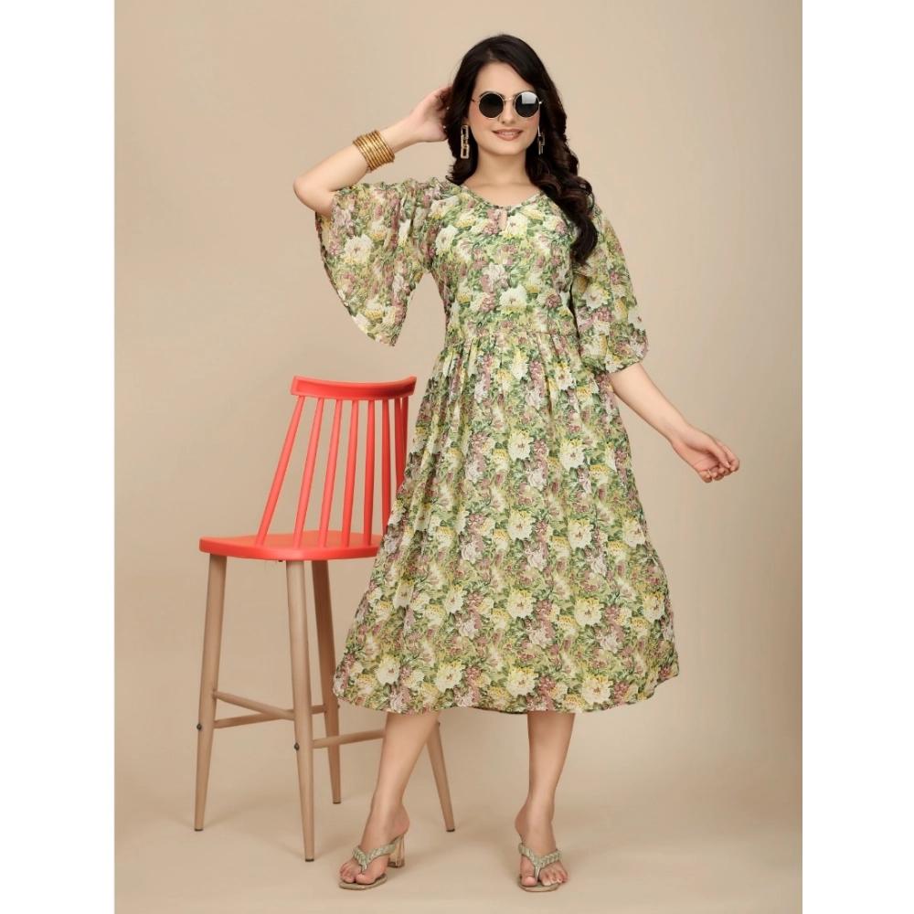 Georgette Printed Round Neck Short Sleeve Dress (Green) - Image 5