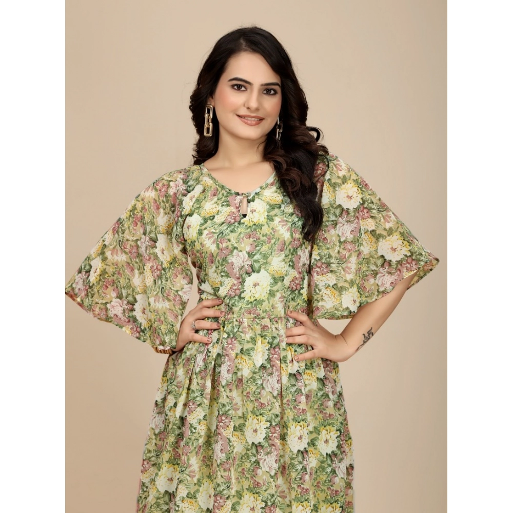 Georgette Printed Round Neck Short Sleeve Dress (Green) - Image 6