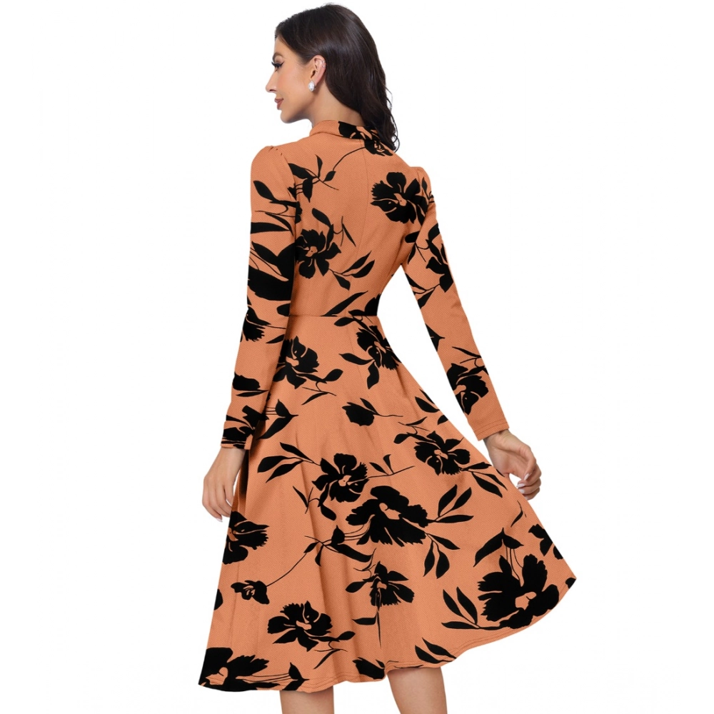 Knitting Printed V-Neck Full Sleeve Dress (Orange) - Image 4