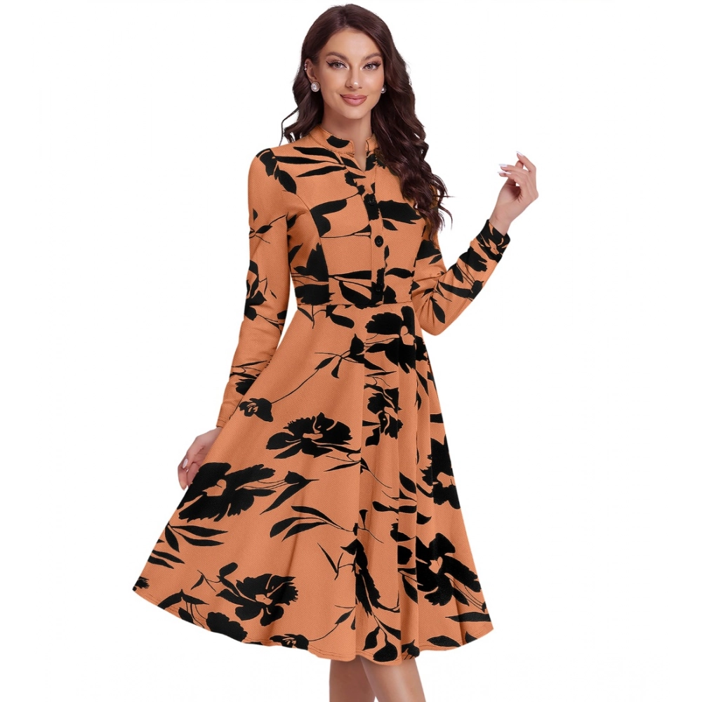 Knitting Printed V-Neck Full Sleeve Dress (Orange) - Image 6