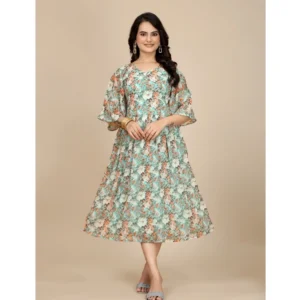 Georgette Printed Round Neck Short Sleeve Dress (Multicolor)