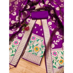 Banarasi Silk Printed Unstitched Salwar Suit Material With Dupatta (Purple, 3Mtrs)